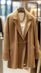 Poster - Soft cashmere coat hangs gracefully in a stylish boutique, highlighting luxurious textiles and contemporary design perfect for autumn outings. A cozy and fashionable choice for layering