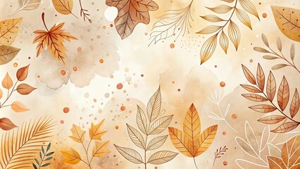 Wall Mural - Autumnal foliage watercolor design with earthy tones and delicate line art leaves, perfect for seasonal backgrounds or invitations.