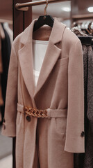 Poster - A beautifully crafted cashmere coat, softly draped on a hanger, catches the eye with its luxurious texture and stylish belt, perfect for a sophisticated wardrobe upgrade
