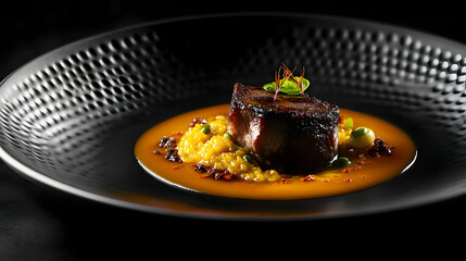 Wall Mural - Close-up of a gourmet dish: Seared meat on saffron risotto