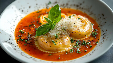 Wall Mural - Close-up of Delicious Ravioli in Tomato Sauce with Parmesan and Basil