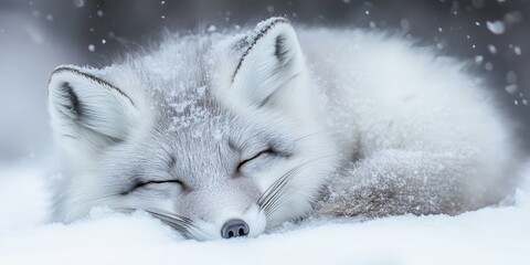 adorable grey and white arctic fox captured while sleeping and walking in a snowy environment, showc