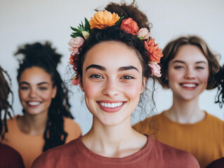 Honoring International Women's Day: A vibrant assembly of joyful young women adorned with floral hair accents, representing the essence of feminism and equality on a pristine white backdrop.