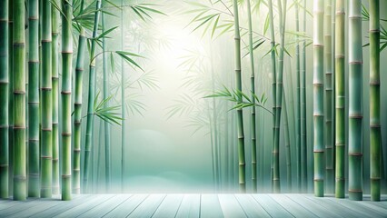 Poster - Serene Bamboo Forest with Misty Atmosphere and Empty Wooden Platform