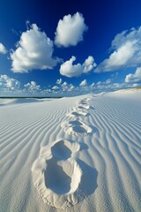 Wall Mural - A set of footprints traverses smooth white sand along the shore, with gentle waves in the distance beneath a vibrant blue sky and scattered clouds