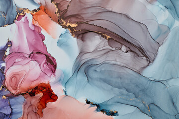  Current of translucent hues intertwine with metallic gold veins, shaping organic luxurious landscape. This fluid art, abstract liquid ink technique, light and shadow dance across free-flowing textures