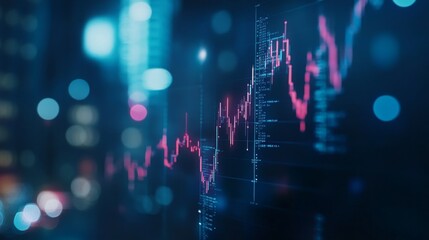 Poster - Dynamic stock market expansion with digital financial charts, graphs, and indicators on dark blue blurred background for business investment and data analysis
