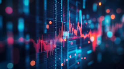Poster - Dynamic stock market expansion with digital financial charts, graphs, and indicators on dark blue blurred background for business investment and data analysis