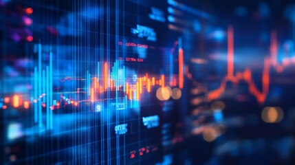 Poster - Dynamic stock market expansion with digital financial charts, graphs, and indicators on dark blue blurred background for business investment and data analysis