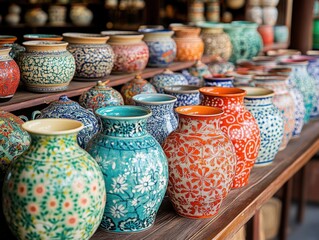 The souvenir shop displays colorful traditional ceramics, full of artistic sense, colorful patterns and exquisite designs.