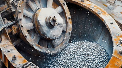 Wall Mural - Cement mill grinding the clinker with steel balls, detailed view of the rotating machinery. Cinder. Illustration