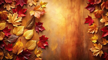 Wall Mural - Autumnal Leaves Arranged on a Warm-Toned Wooden Surface