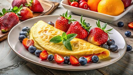 Wall Mural - Delicious Omelette with Fresh Berries and Mint Garnish