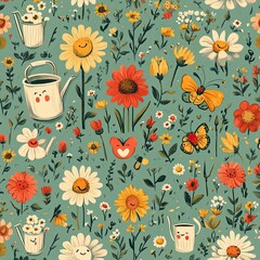 Poster - A playful garden-themed pattern with smiling flowers, buzzing bees, and butterflies, each with cheerful faces, surrounded by gardening tools like watering cans, spades, and gloves, all in soft 