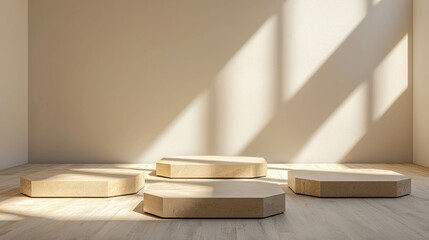 Poster - Minimalist 3D Room Background with Geometric Platforms and Soft Natural Lighting