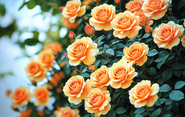 Wall Mural - an abundance of vibrant orange roses with yellow centers, surrounded by lush green leaves. The flowers are clustered together, creating a dense and colorful bouquet.