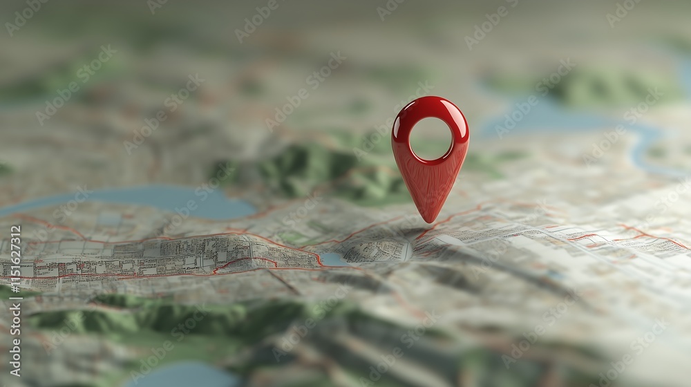 A detailed map with a red location pin prominently placed at a specific ...