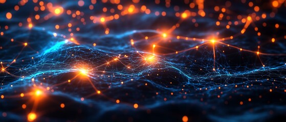 Poster - 3D abstract representation of social network technologies, featuring interconnected user symbols, glowing lines, and a deep blue background, symbolizing digital connections