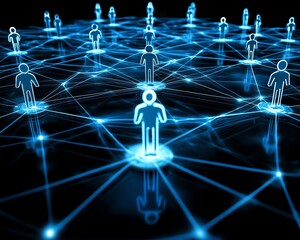 Fototapete - 3D digital concept of social network technologies, featuring interconnected user symbols linked by lines, set against a dynamic dark blue abstract background with glowing effects