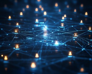 Fototapete - 3D digital concept of social network technologies, featuring interconnected user symbols linked by lines, set against a dynamic dark blue abstract background with glowing effects