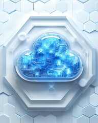Poster - 3D rendering of a blue cloud icon with embedded circuits over a white hexagonal grid, representing the future of cloud computing, data storage, and virtual networks