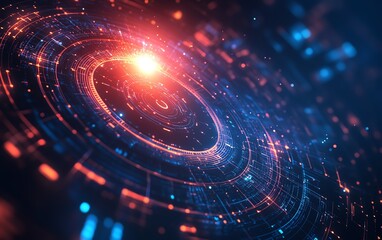 Fototapete - 3D visualization of social network technologies with digital user icons connected by radiant lines, set on an abstract dark blue background with a technological theme