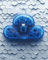 Poster - A 3D digital illustration of a blue cloud icon with integrated circuits over a white hexagonal pattern, symbolizing cloud computing, data storage, and modern network technology