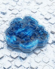 Poster - A 3D digital illustration of a blue cloud icon with integrated circuits over a white hexagonal pattern, symbolizing cloud computing, data storage, and modern network technology