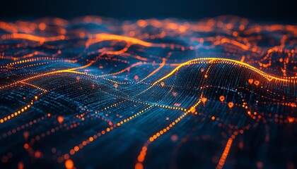 Poster - A 3D rendering of social network technologies, with digital graphic user symbols connected by glowing lines on an abstract dark blue background, symbolizing global connections