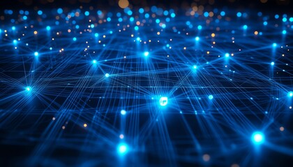 Poster - A 3D rendering of interconnected social network symbols, with digital user icons and glowing lines on a dark blue abstract background, emphasizing modern communication
