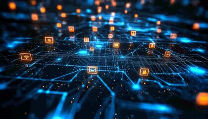 Poster - A 3D rendering of social network technologies, with digital graphic user symbols connected by glowing lines on an abstract dark blue background, symbolizing global connections