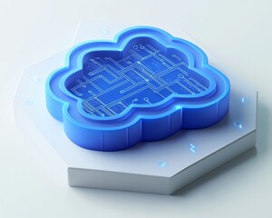 Poster - A 3D representation of a blue cloud icon with interconnected circuits on a white hexagonal background, symbolizing cloud computing and the future of data storage
