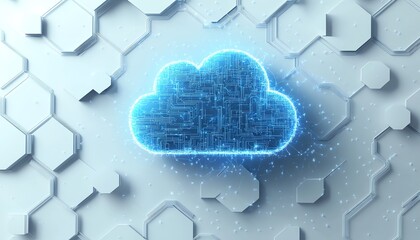 Poster - A 3D visualization of a blue cloud icon with circuits, floating over a white hexagonal background, illustrating cloud computing, data storage, and virtual network advancements