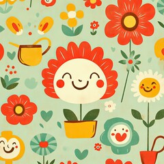 Canvas Print - A cheerful garden-themed pattern with smiling flowers, butterflies, and bees, surrounded by tiny watering cans, spades, and plant pots, all rendered in vibrant colors on a pale green background. 