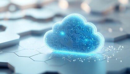 Poster - A 3D visualization of a blue cloud icon with circuits, floating over a white hexagonal background, illustrating cloud computing, data storage, and virtual network advancements
