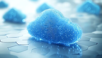 Poster - A 3D visualization of a blue cloud icon with circuits, floating over a white hexagonal background, illustrating cloud computing, data storage, and virtual network advancements