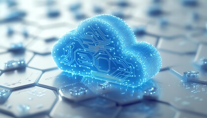 Poster - A 3D visualization of a blue cloud icon with circuits, floating over a white hexagonal background, illustrating cloud computing, data storage, and virtual network advancements