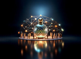 Aufkleber - A luminous glass orb, possibly containing liquid, sits on a platform encircled by small figures and a network of glowing lines.  The scene suggests connection and community.