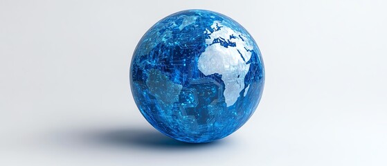 Poster - A digital globe with blue holographic circuits and a network of connections, set against a white background, representing global communication technology in 3D