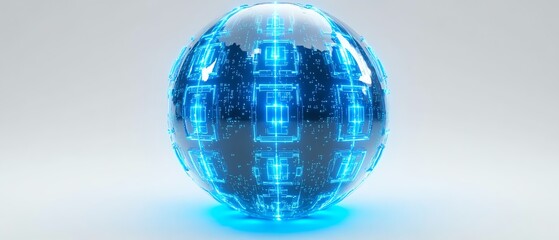 Poster - A digital globe with blue holographic circuits and a network of connections, set against a white background, representing global communication technology in 3D