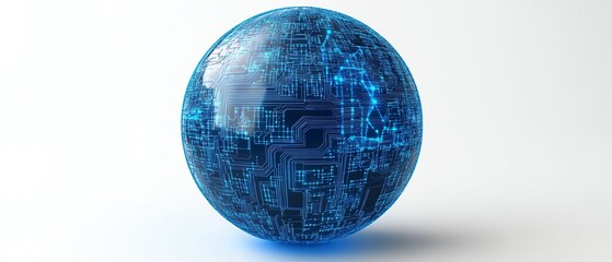 Poster - A digital globe with blue holographic circuits and a network of connections, set against a white background, representing global communication technology in 3D