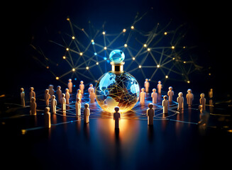 Poster - A glowing glass orb, depicting Earth, sits at the center of a network connecting small figures.  The scene evokes global connection and shared experience.