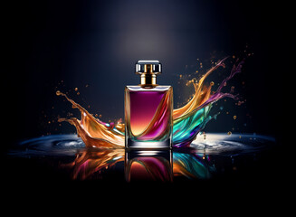 Aufkleber - A glamorous perfume bottle sits amidst a vibrant splash of multicolored liquid, reflecting on a dark, glossy surface.  The scene is dramatic and luxurious.