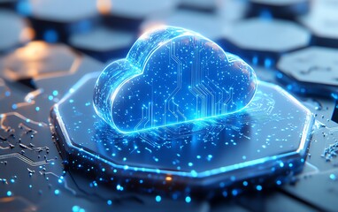Poster - Blue cloud icon with glowing circuits, set over a white hexagonal background, representing the concepts of cloud computing, data storage, and virtual networks in 3D