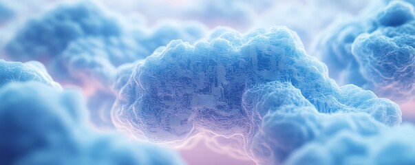 Poster - Blue cloud icon with intricate circuits over a white hexagonal pattern, representing the fusion of cloud computing, data storage, and virtual network technology in 3D