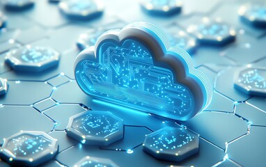 Poster - Blue cloud icon with glowing circuits, set over a white hexagonal background, representing the concepts of cloud computing, data storage, and virtual networks in 3D