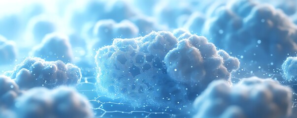 Poster - Blue cloud icon with intricate circuits over a white hexagonal pattern, representing the fusion of cloud computing, data storage, and virtual network technology in 3D