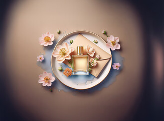 Fototapete - Elegant perfume bottle on a tray, surrounded by delicate pink flowers and a kraft envelope.  A sophisticated and feminine fragrance concept.