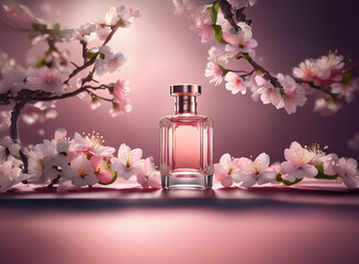 Aufkleber - A delicate perfume bottle rests amidst blooming cherry blossoms, bathed in soft, pink light.  The scene evokes springtime freshness and floral elegance.