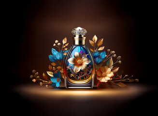 Poster - Elegant perfume bottle, dark background, gold and blue floral accents.  Luxurious and sophisticated design.